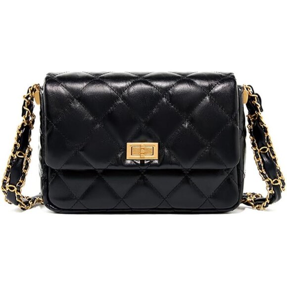 Black Quilted Crossbody Bag with Chain Strap and Buckle Closure - Women's Fashio - Picture 1 of 6